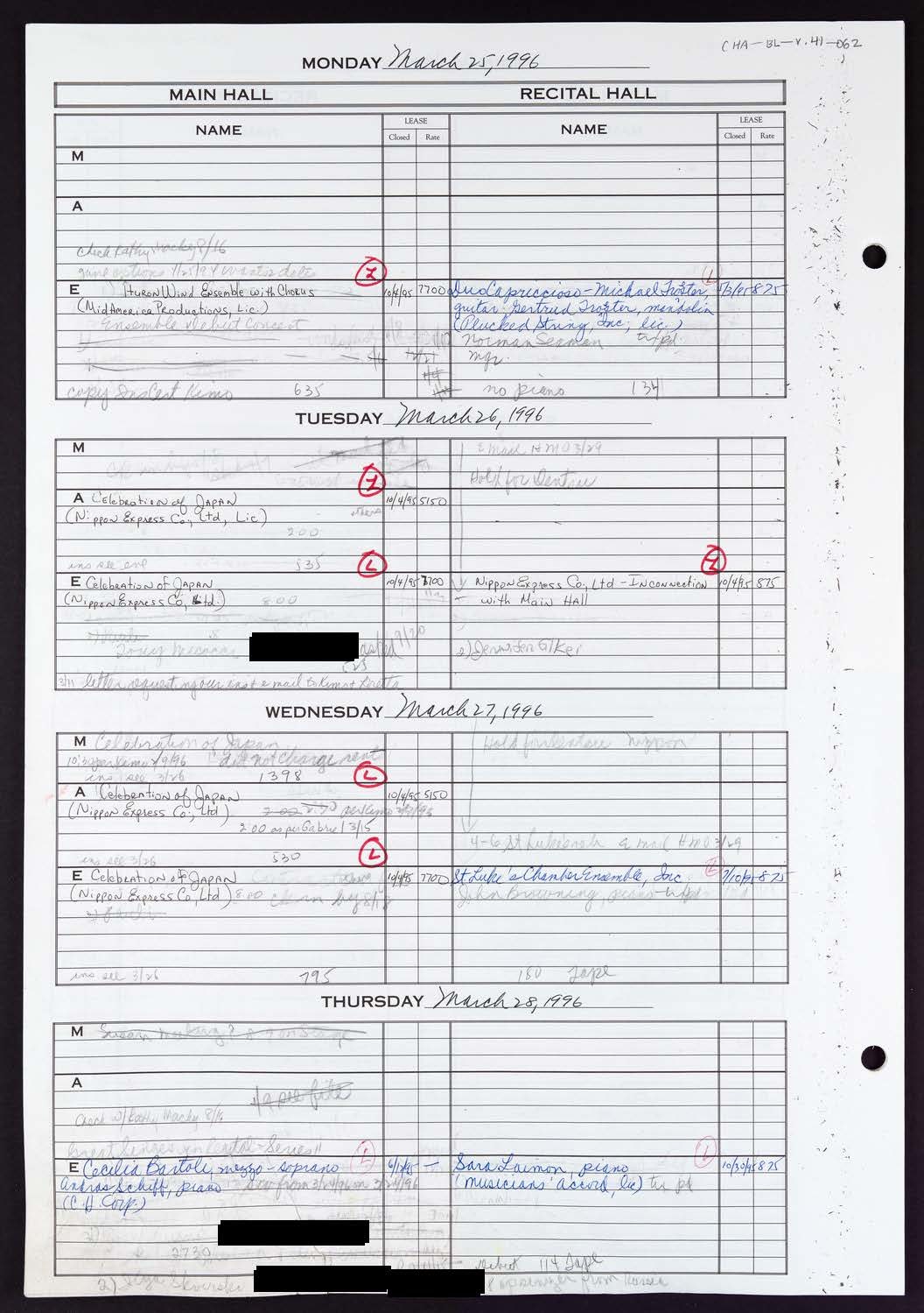 Carnegie Hall Booking Ledger, volume 41, page 62