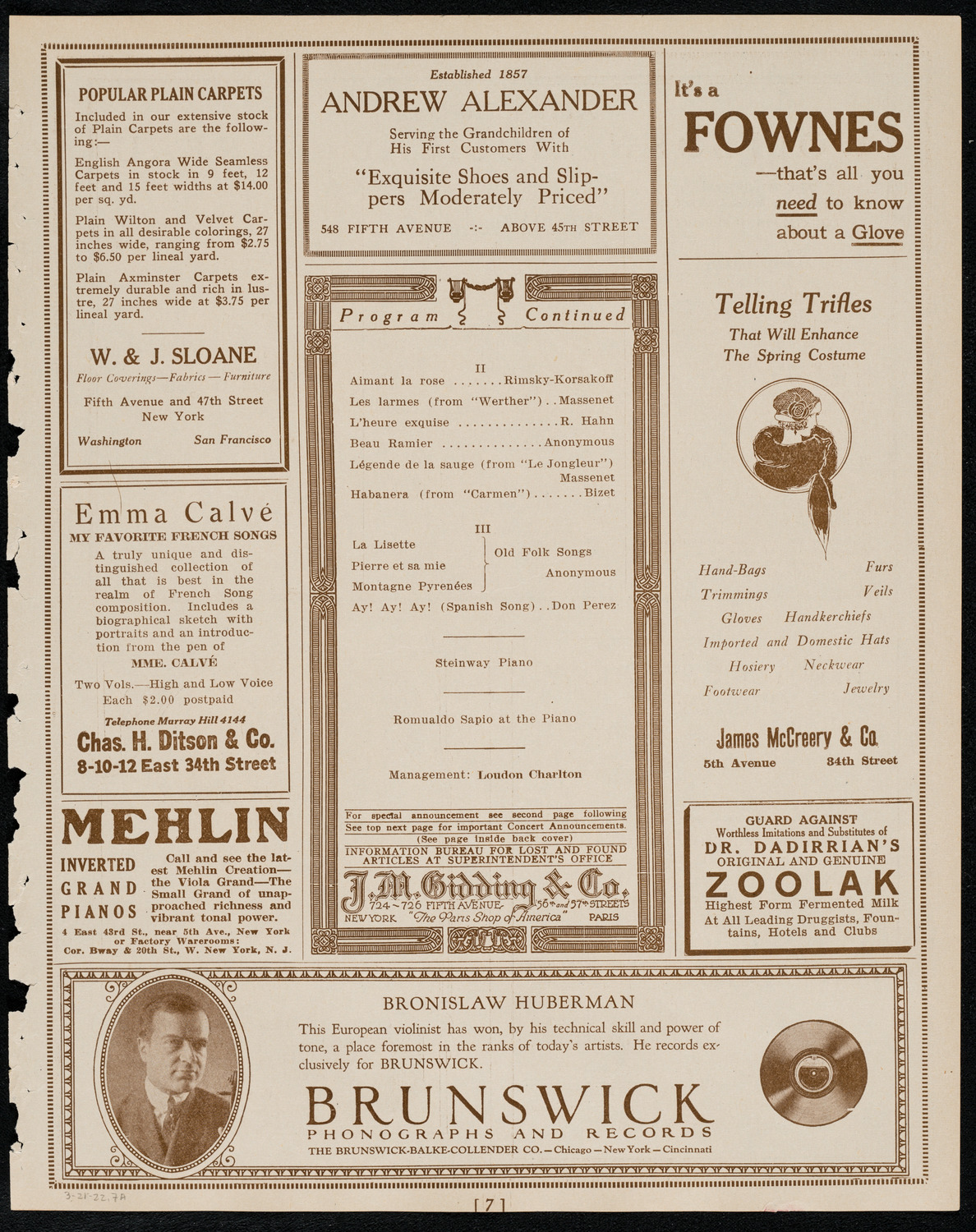 Emma Calvé, Soprano, March 21, 1922, program page 7