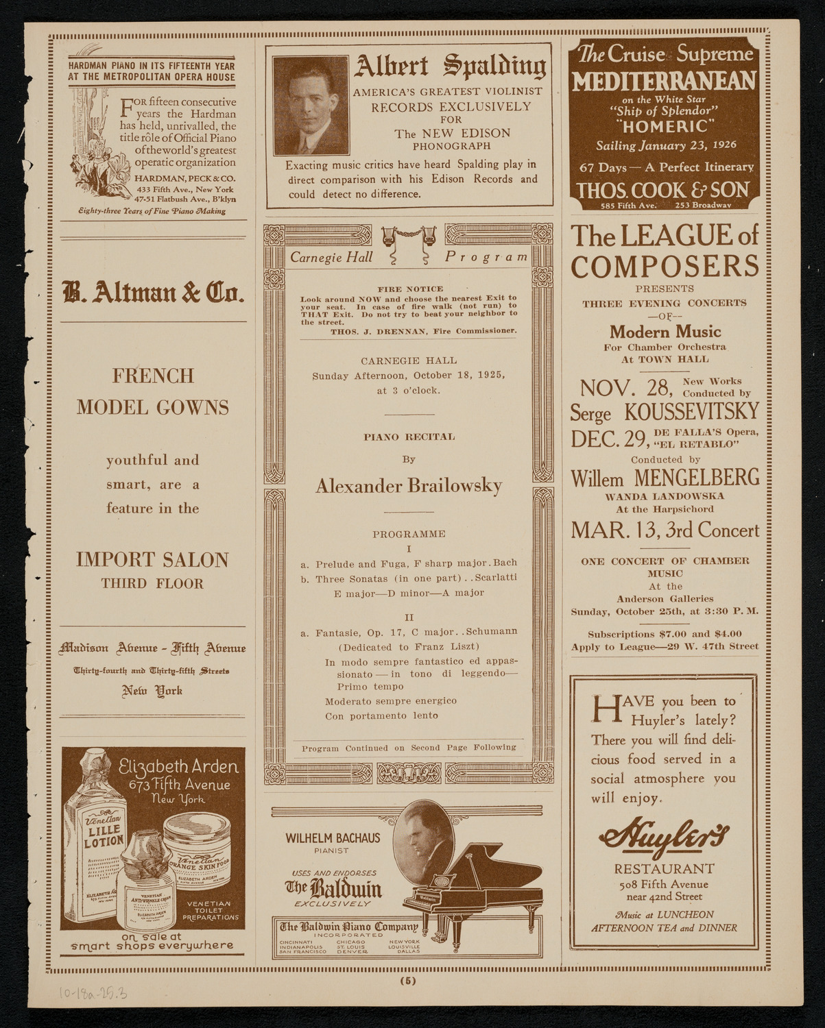 Alexander Brailowsky, Piano, October 18, 1925, program page 5