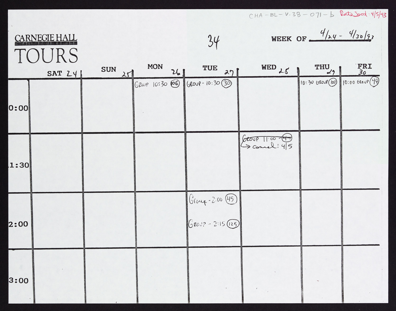 Carnegie Hall Booking Ledger, volume 38, page 71b