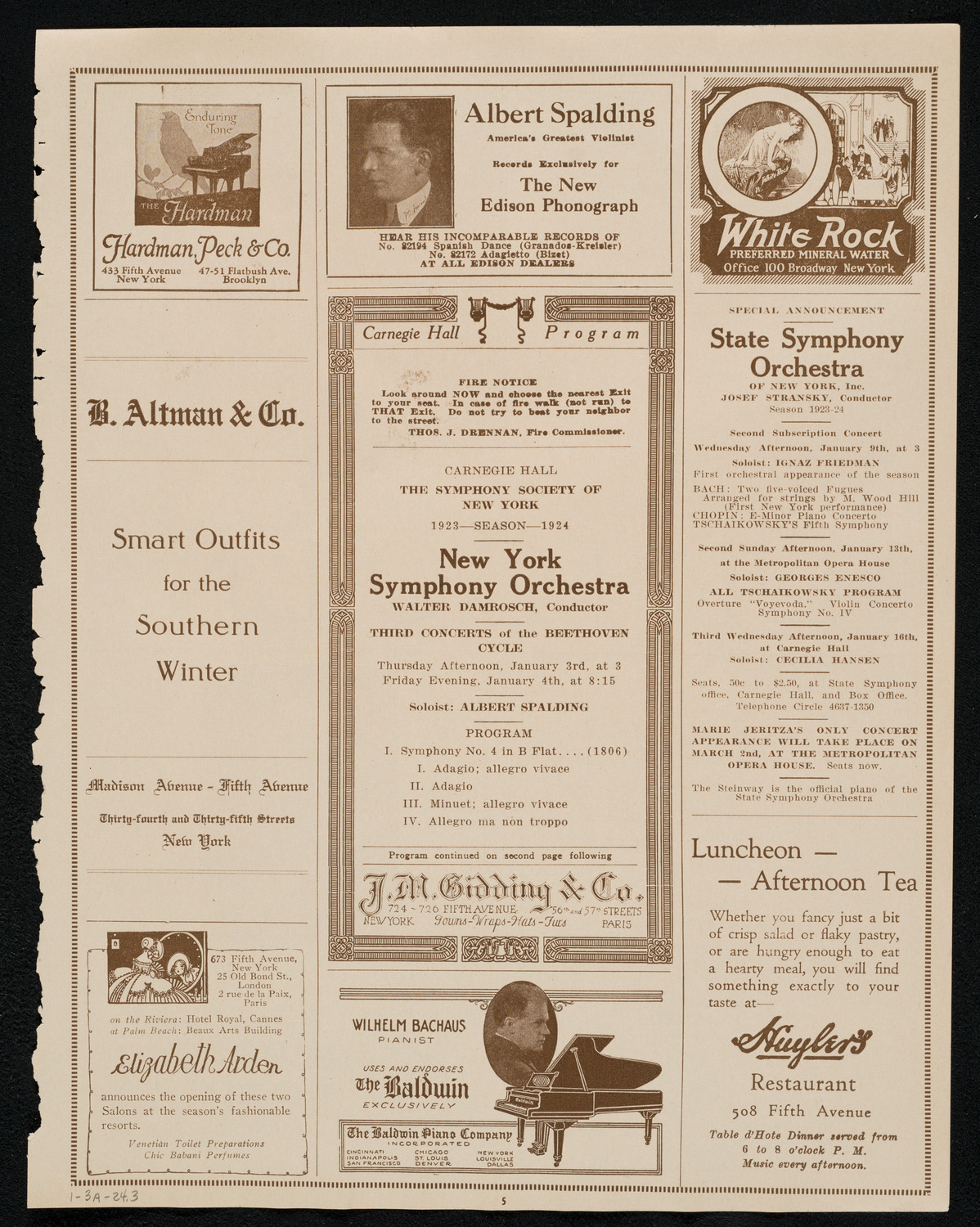 New York Symphony Orchestra: Beethoven Cycle, January 3, 1924, program page 5
