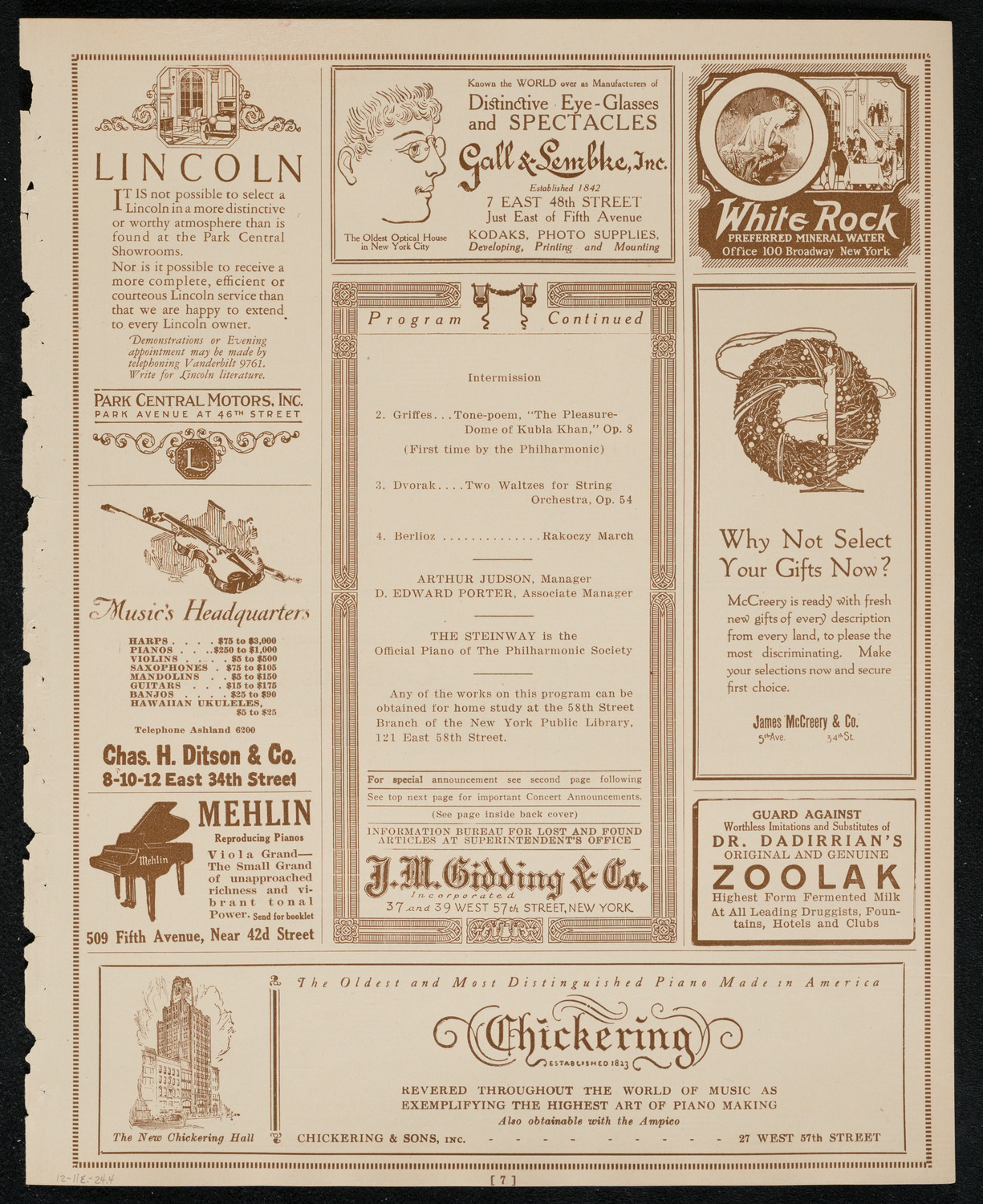 New York Philharmonic, December 11, 1924, program page 7