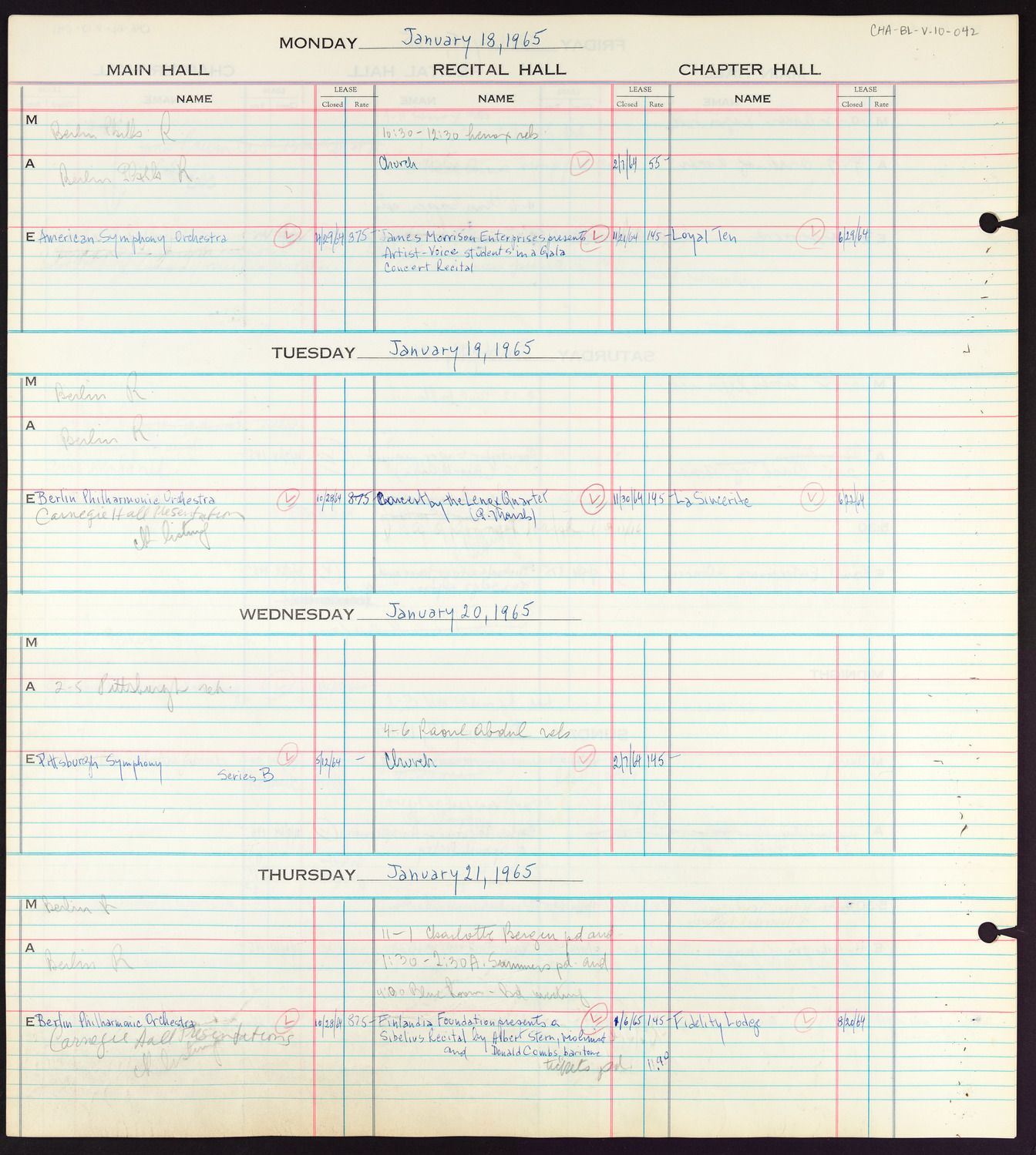 Carnegie Hall Booking Ledger, volume 10, page 42