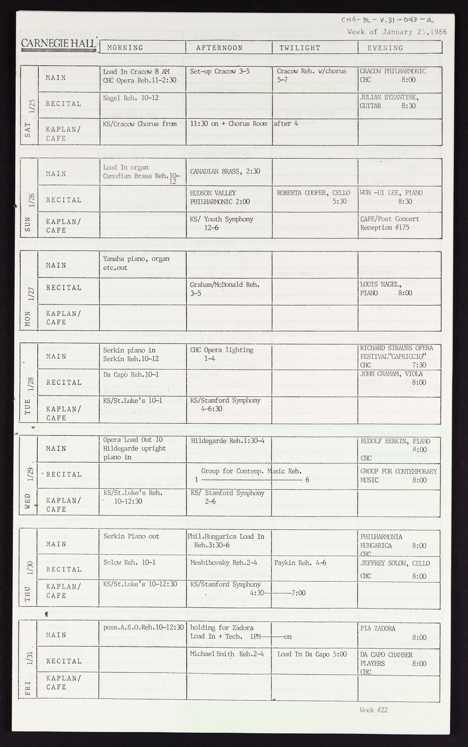 Carnegie Hall Booking Ledger, volume 31, page 43a