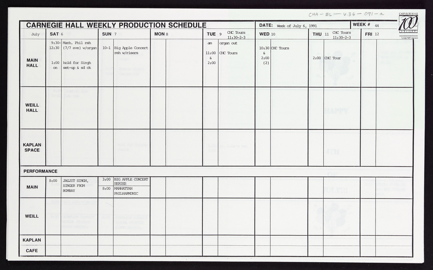 Carnegie Hall Booking Ledger, volume 36, page 91a