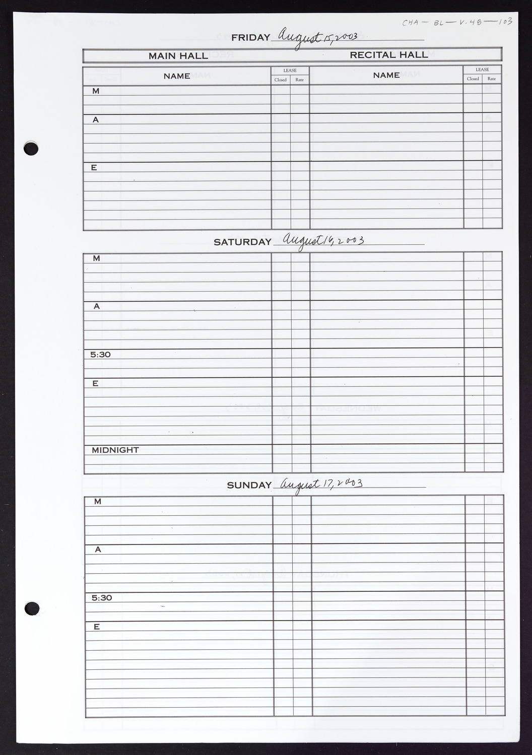 Carnegie Hall Booking Ledger, volume 48, page 103