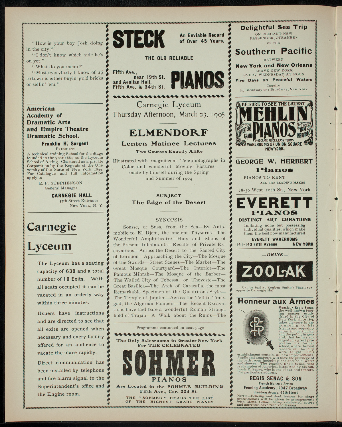 Elmendorf Lecture: The Edge of the Desert, March 23, 1905, program page 2