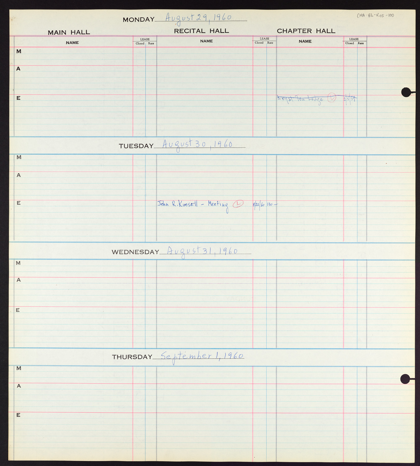 Carnegie Hall Booking Ledger, volume 5, page 100