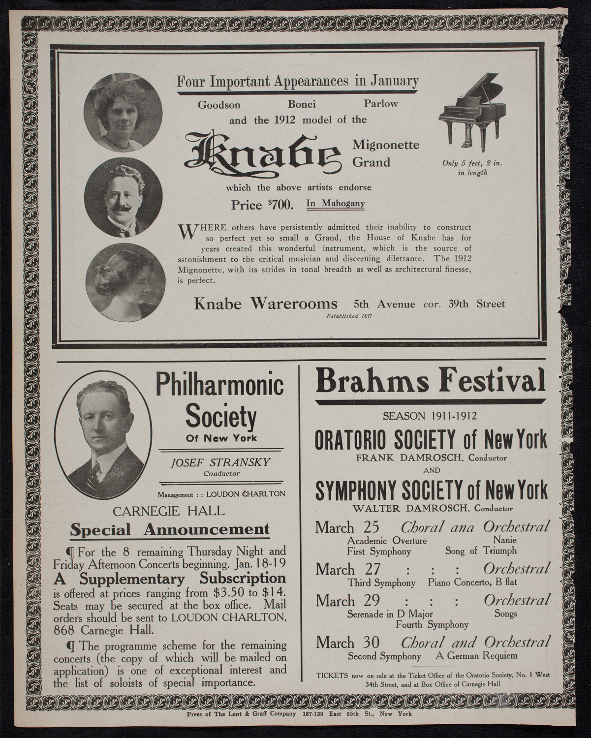 Harold Bauer, Piano, January 17, 1912, program page 12