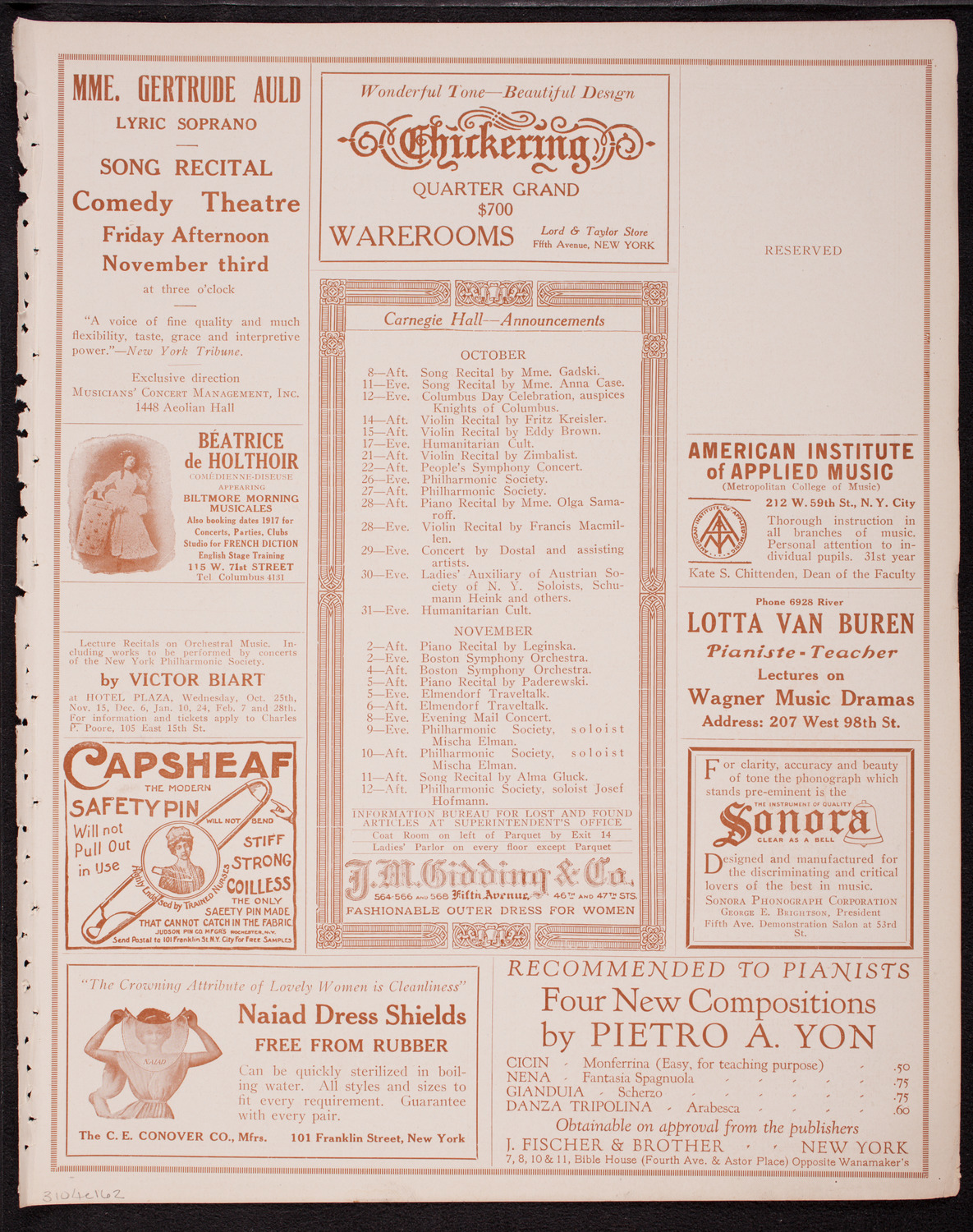 Adriano Ariani's "Saint Francis", October 4, 1916, program page 3