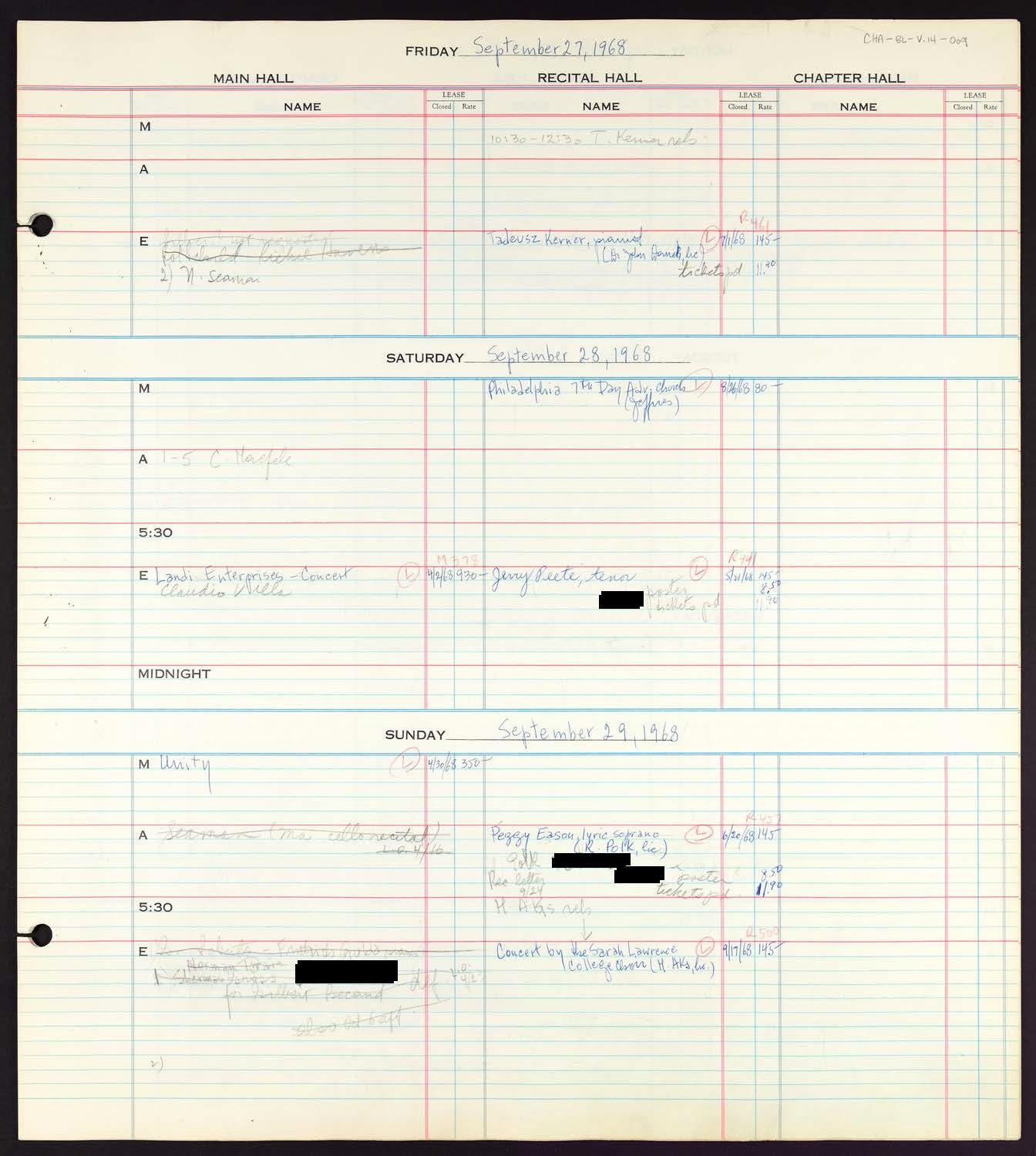 Carnegie Hall Booking Ledger, volume 14, page 9