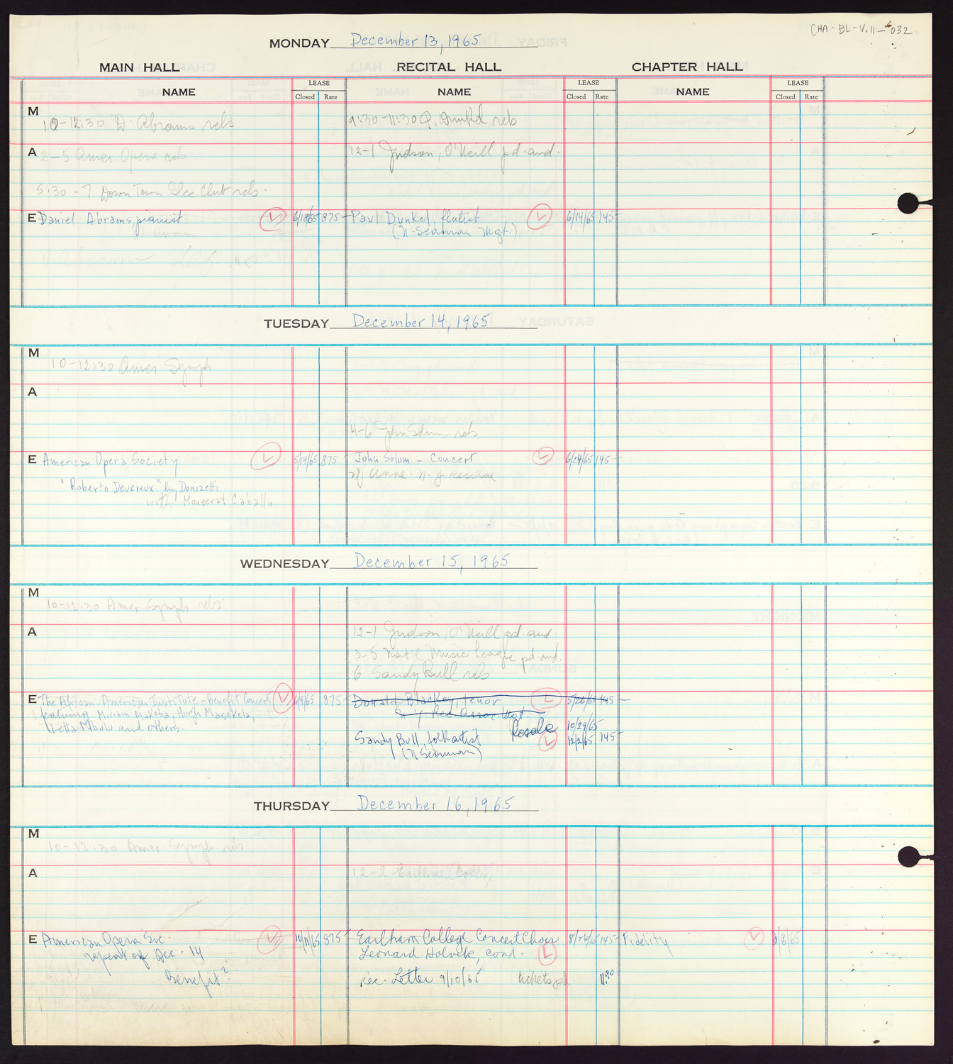 Carnegie Hall Booking Ledger, volume 11, page 32