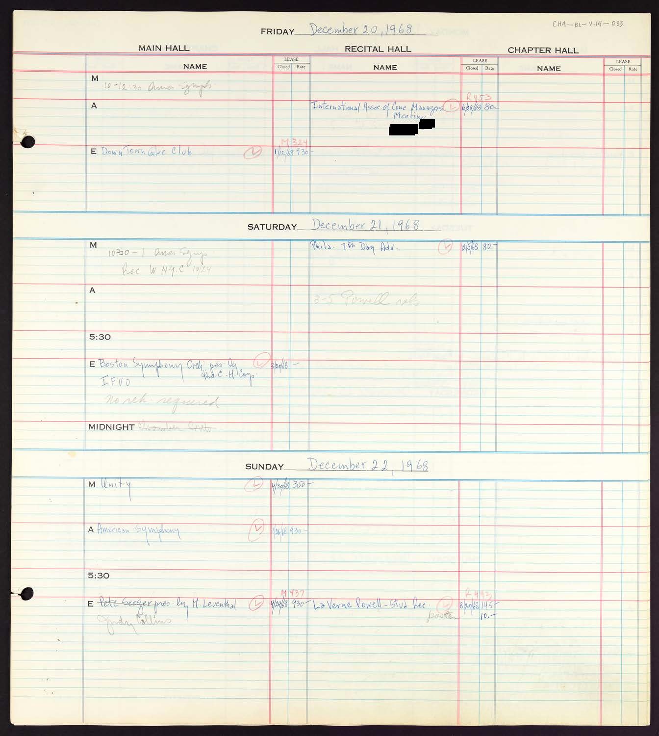 Carnegie Hall Booking Ledger, volume 14, page 33