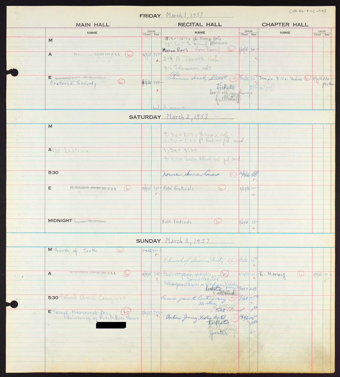 Carnegie Hall Booking Ledger, volume 2, page 45