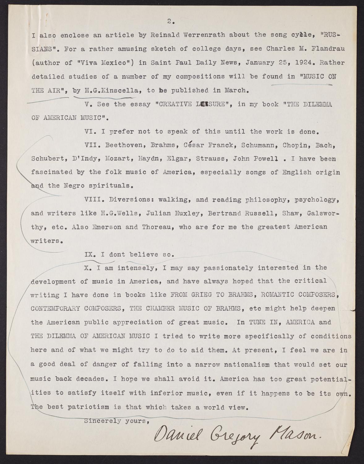 Correspondence from Daniel Gregory Mason to David Ewen, page 2 of 2