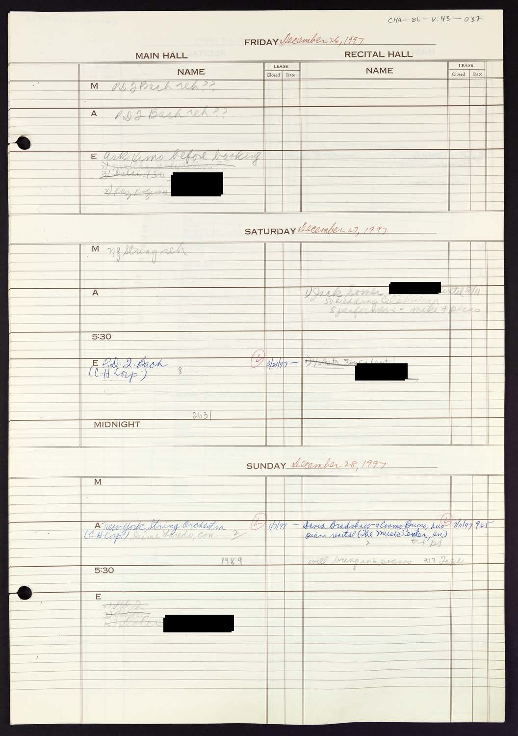 Carnegie Hall Booking Ledger, volume 43, page 37