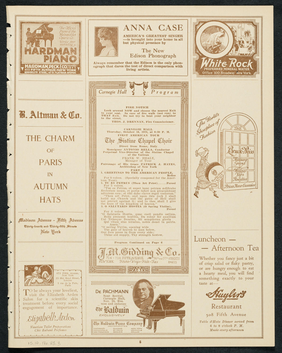 Sistine Chapel Choir, October 18, 1923, program page 5