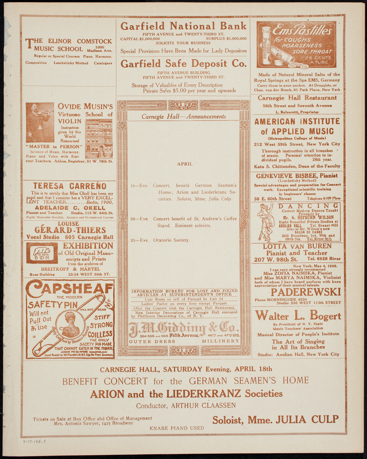 Josef Hofmann, Piano, and Mischa Elman, Violin, April 17, 1914, program page 3