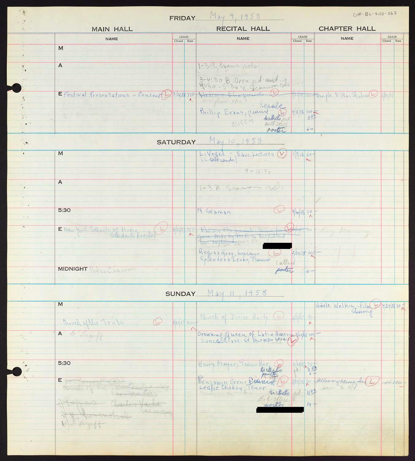 Carnegie Hall Booking Ledger, volume 3, page 67