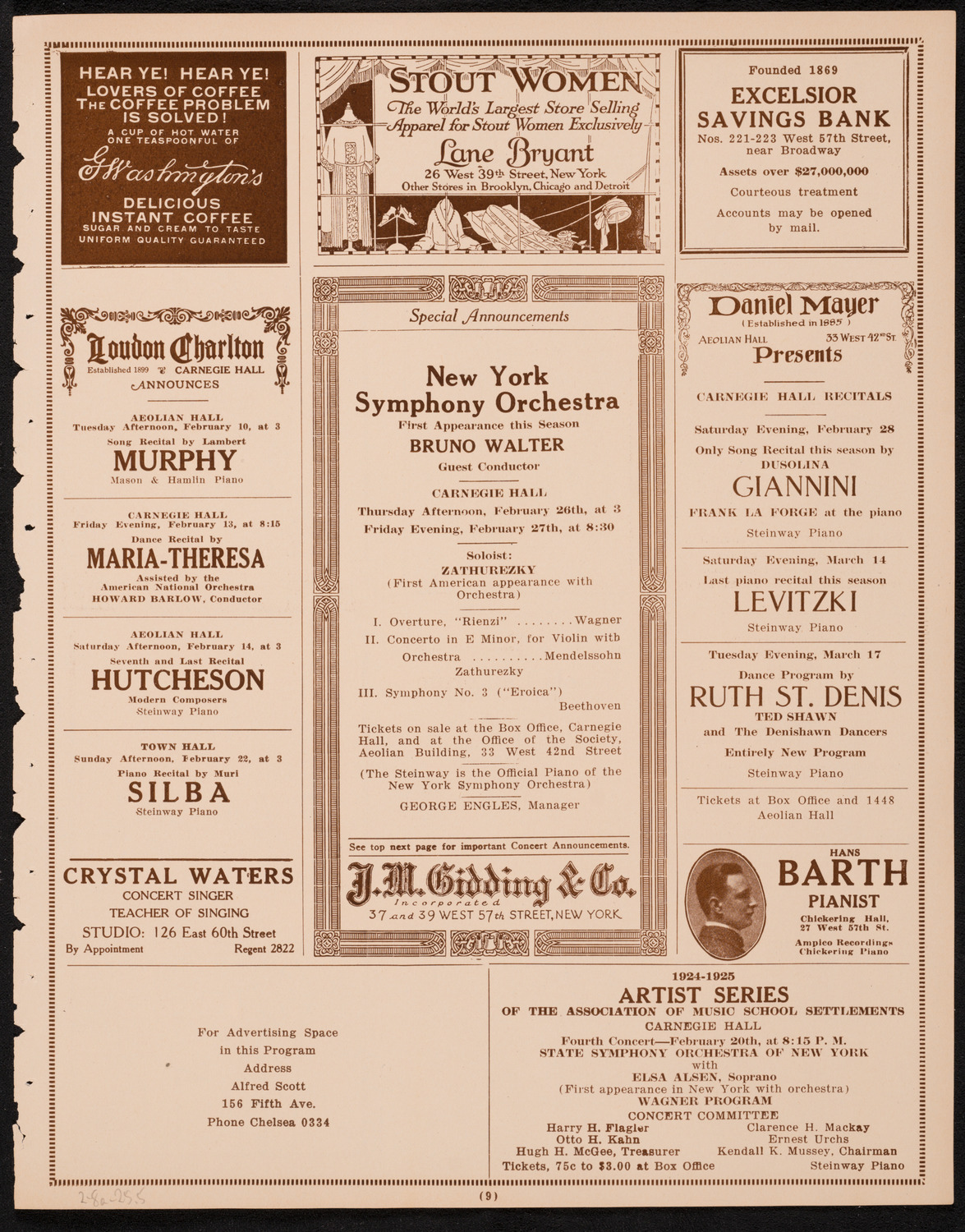 New York Philharmonic, February 8, 1925, program page 9