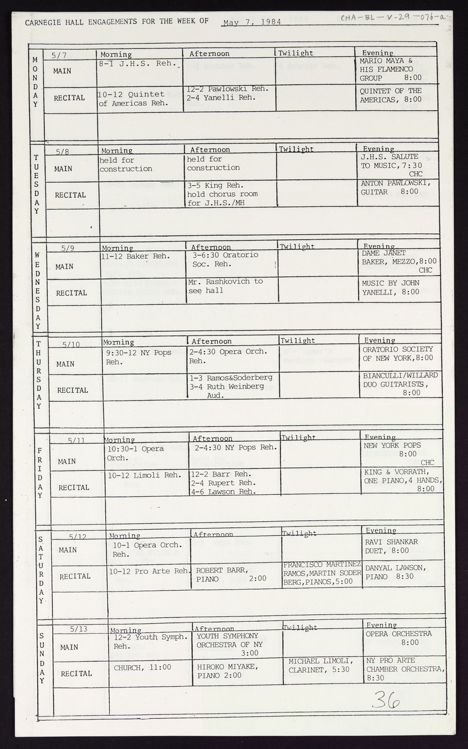 Carnegie Hall Booking Ledger, volume 29, page 76a