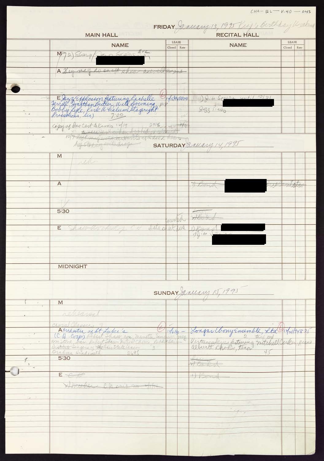 Carnegie Hall Booking Ledger, volume 40, page 43