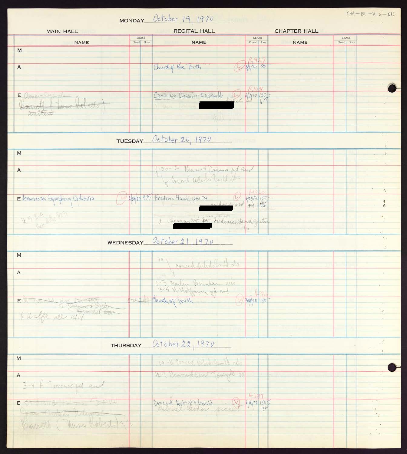 Carnegie Hall Booking Ledger, volume 16, page 16