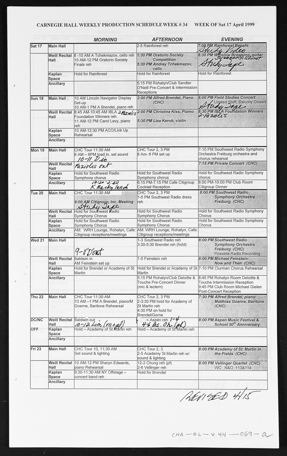 Carnegie Hall Booking Ledger, volume 44, page 69a