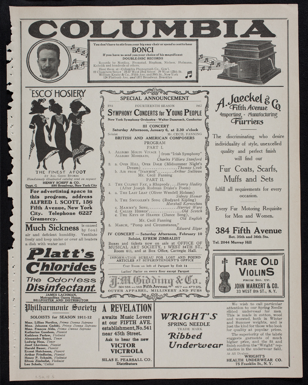 New York Philharmonic, January 5, 1912, program page 9