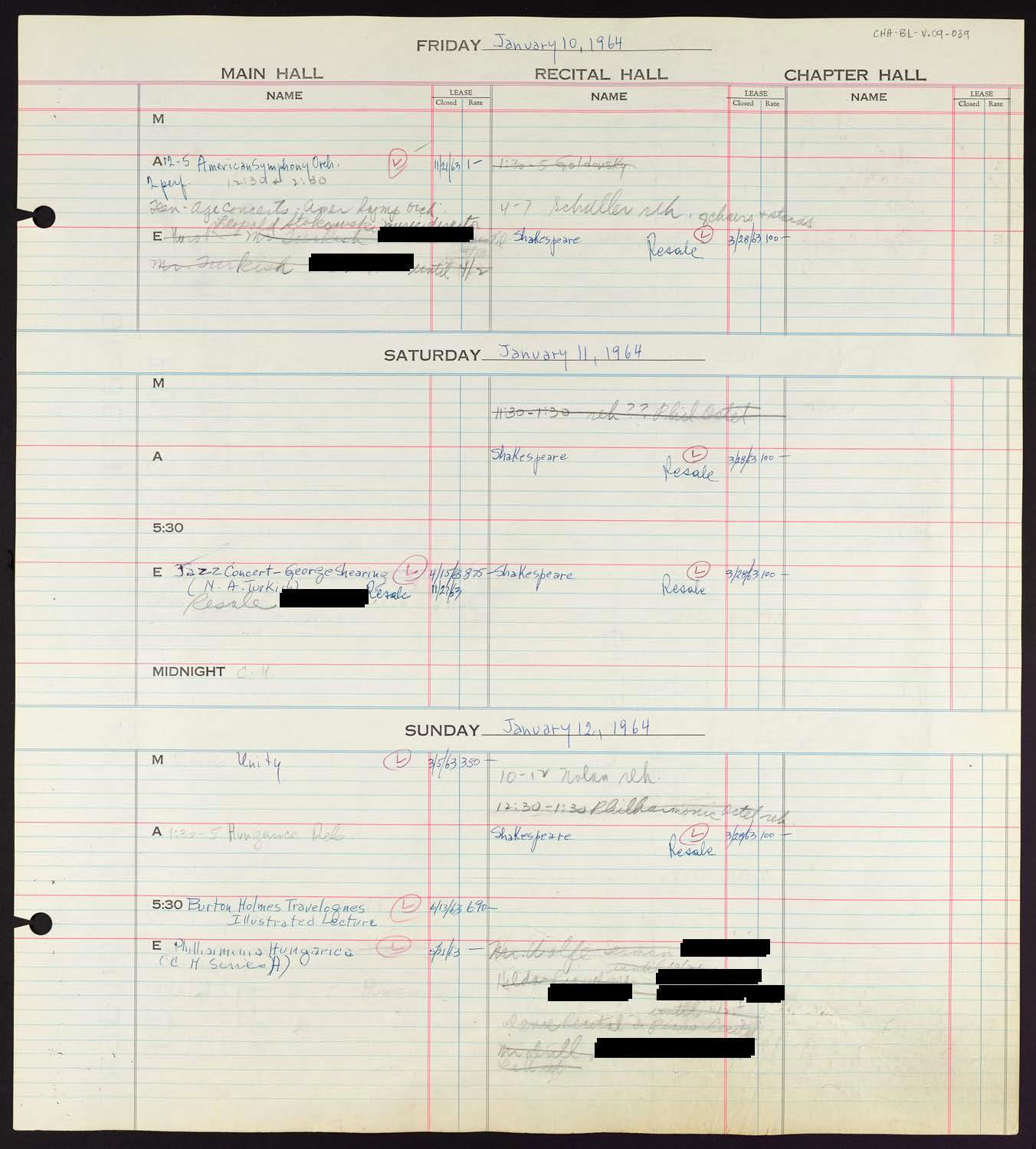 Carnegie Hall Booking Ledger, volume 9, page 39