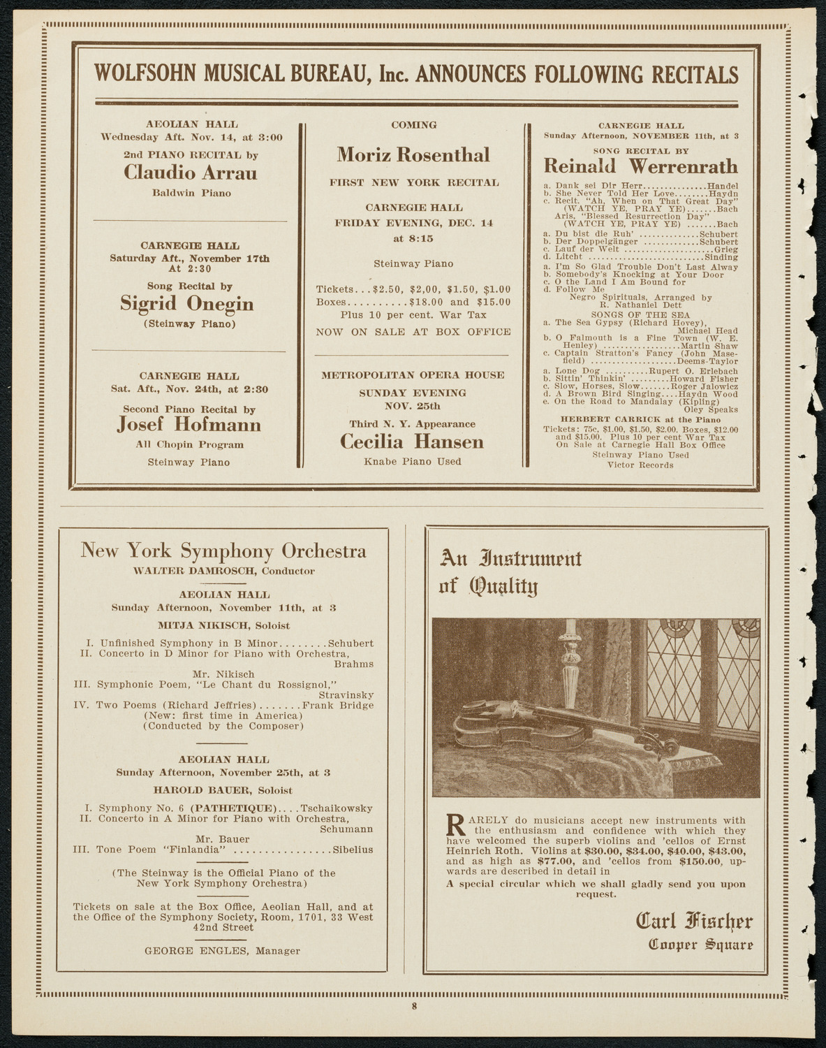 New York Philharmonic, November 9, 1923, program page 8