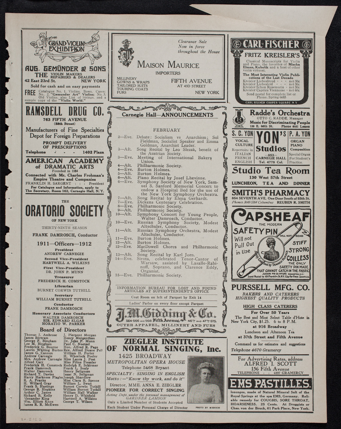 New York Philharmonic, February 2, 1912, program page 3