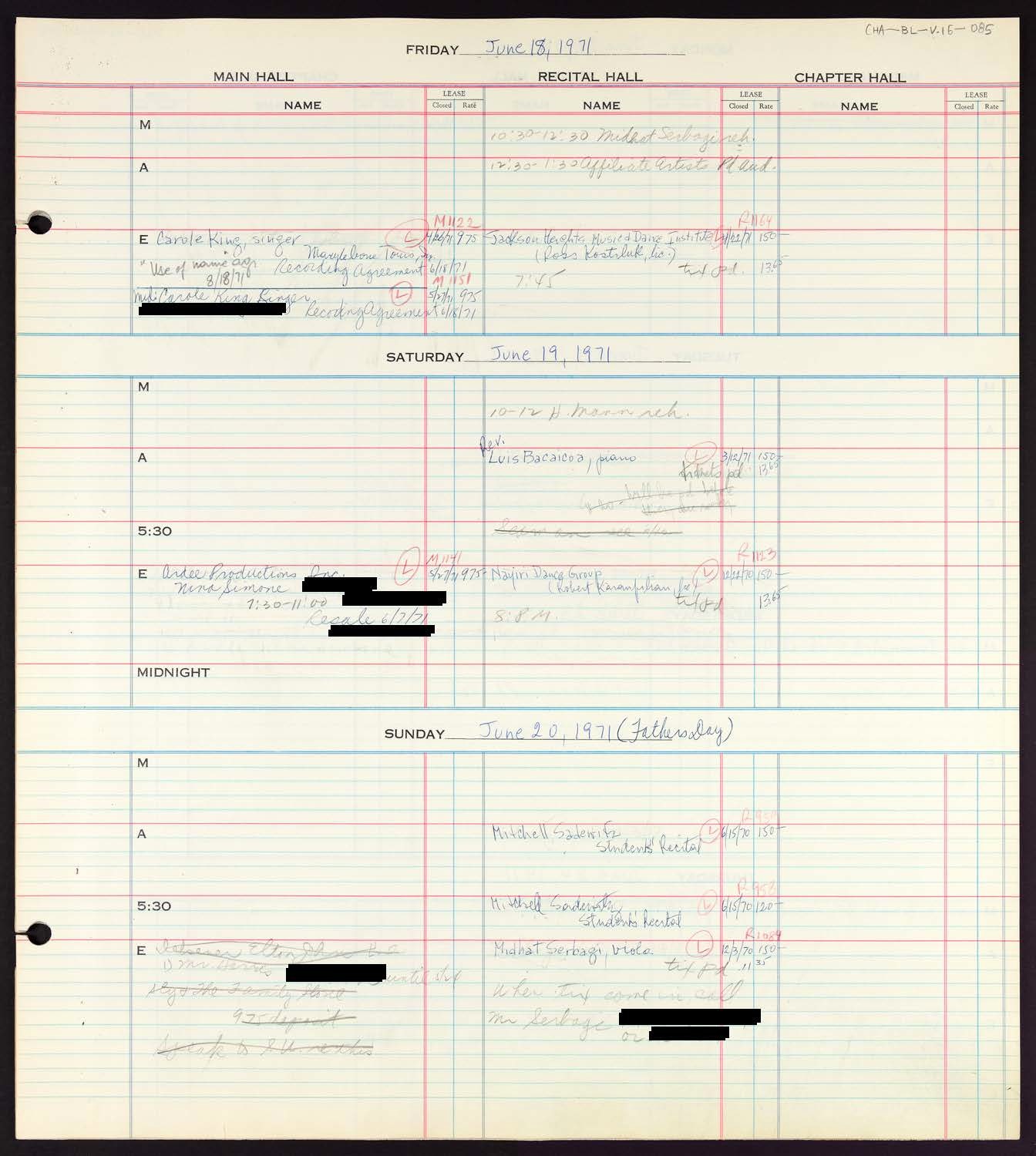 Carnegie Hall Booking Ledger, volume 16, page 85