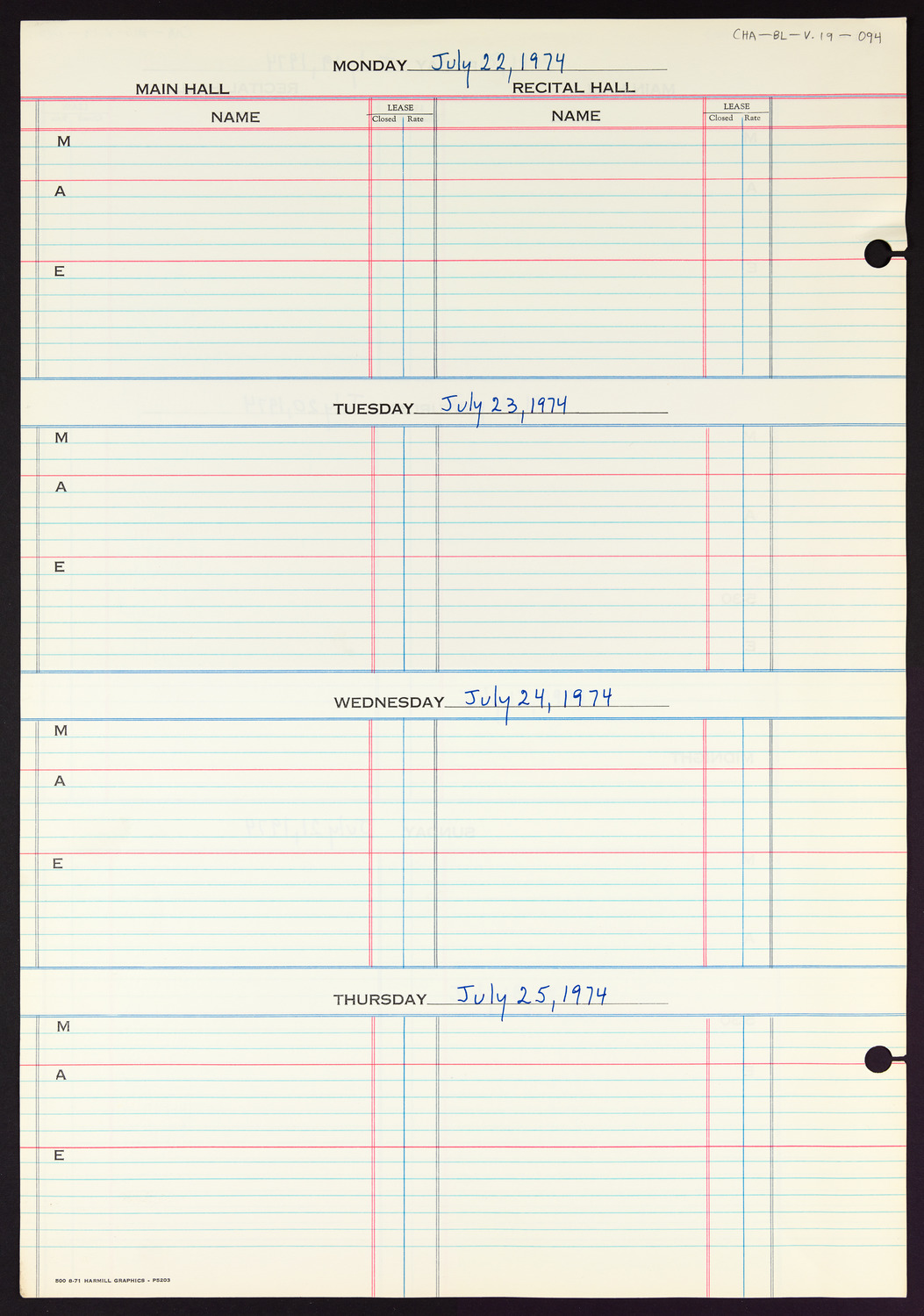 Carnegie Hall Booking Ledger, volume 19, page 94