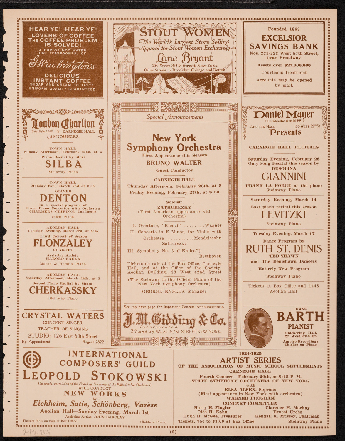 New York Philharmonic, February 19, 1925, program page 9