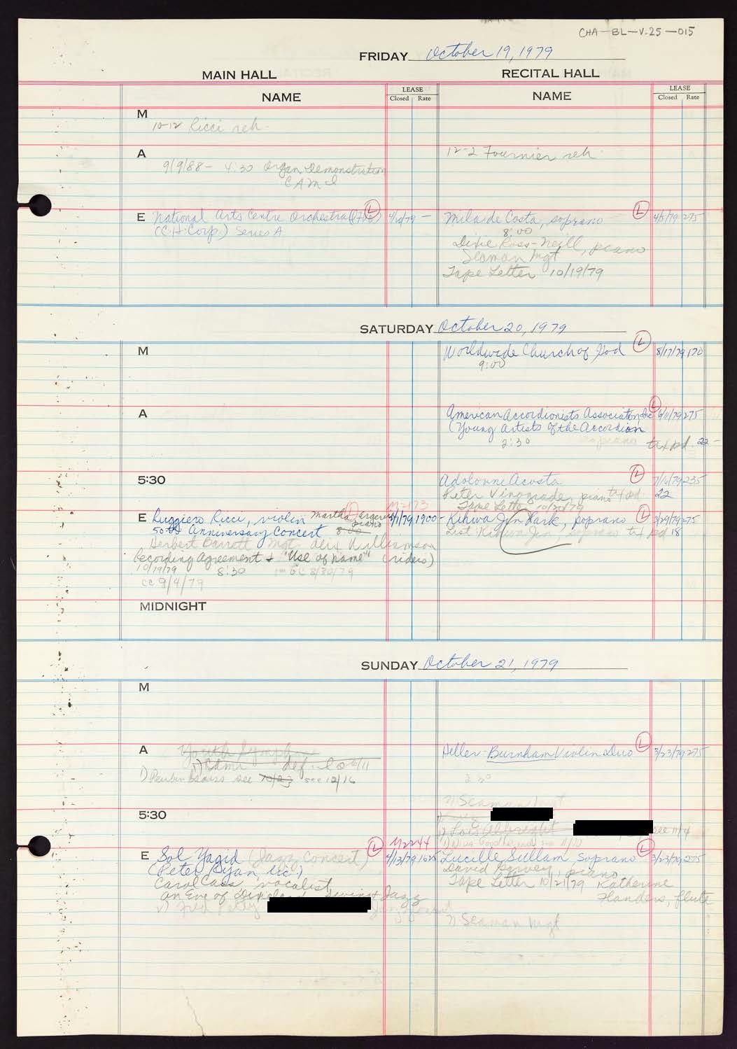 Carnegie Hall Booking Ledger, volume 25, page 15