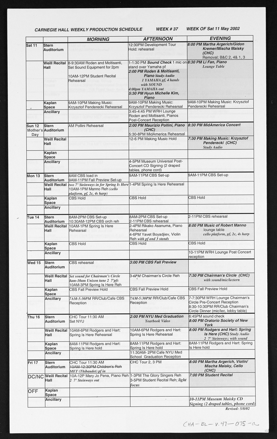 Carnegie Hall Booking Ledger, volume 47, page 75a