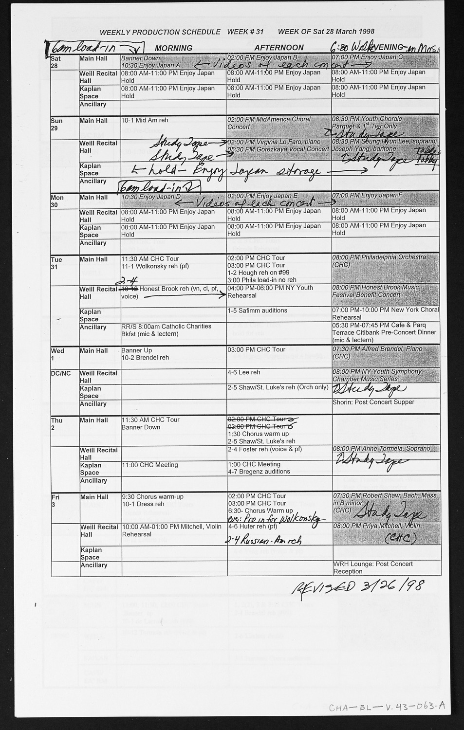 Carnegie Hall Booking Ledger, volume 43, page 63a