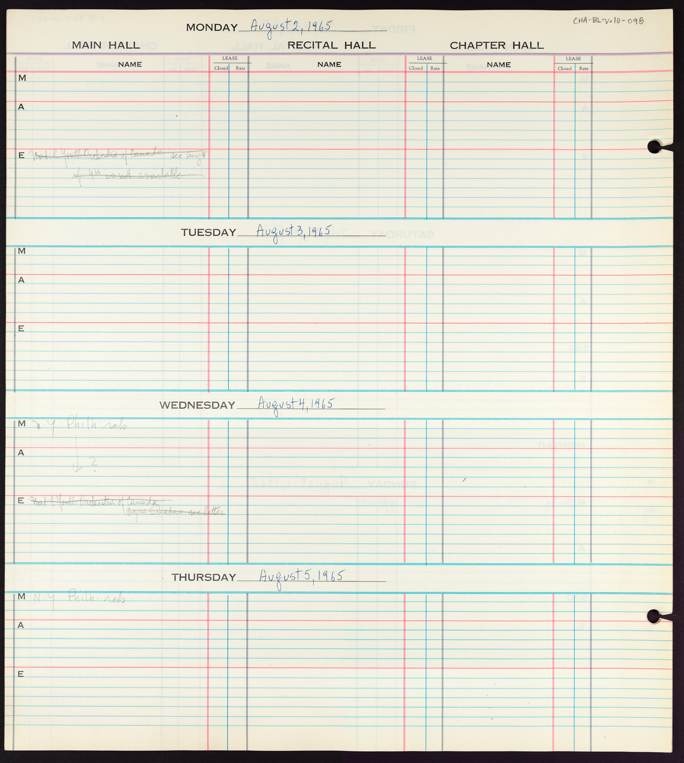 Carnegie Hall Booking Ledger, volume 10, page 98