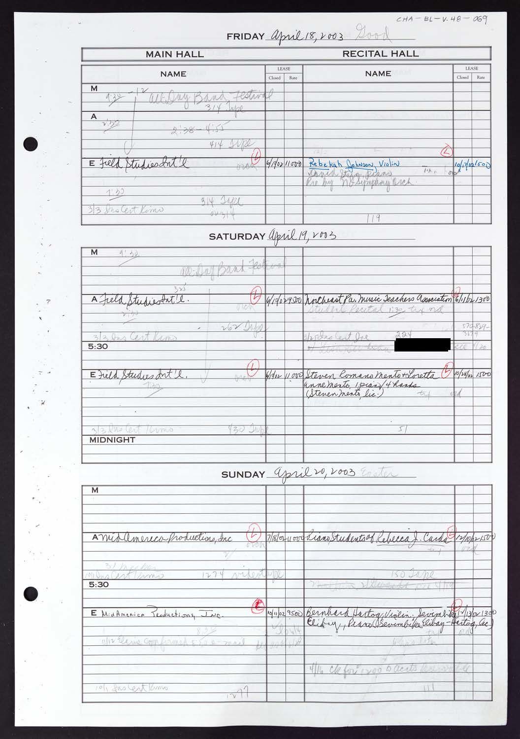 Carnegie Hall Booking Ledger, volume 48, page 69