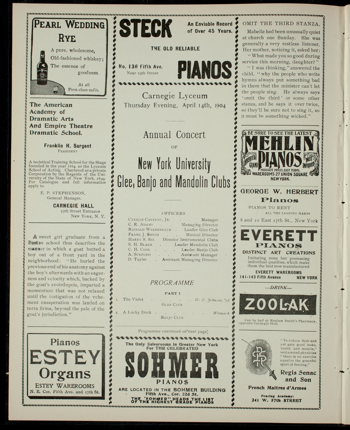 New York University Glee, Banjo, and Mandolin Clubs, April 14, 1904, program page 2