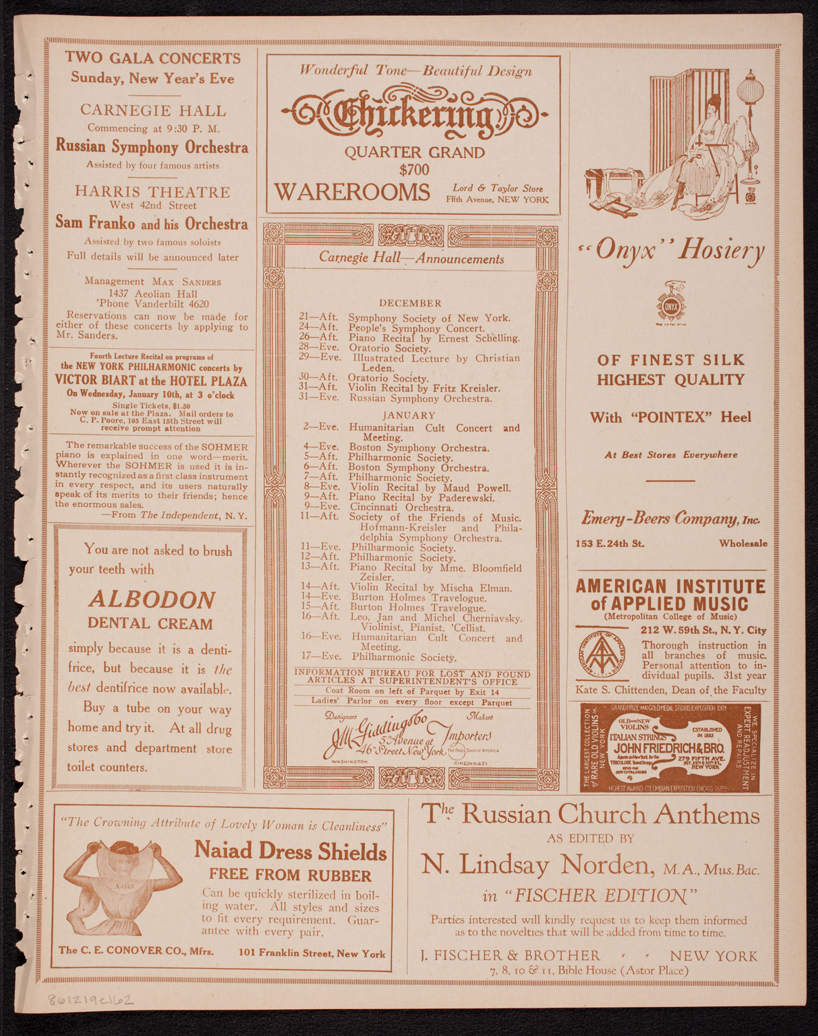 Musical Art Society of New York, December 19, 1916, program page 3