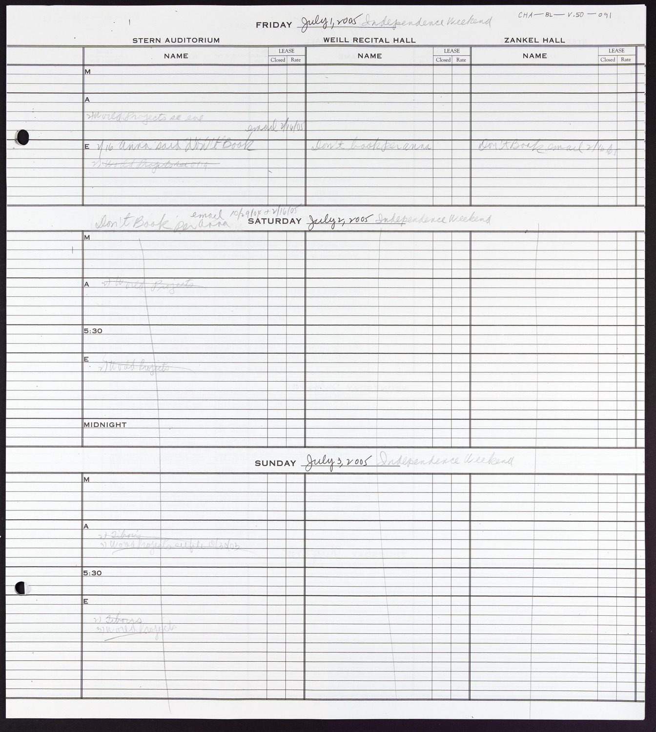 Carnegie Hall Booking Ledger, volume 50, page 91