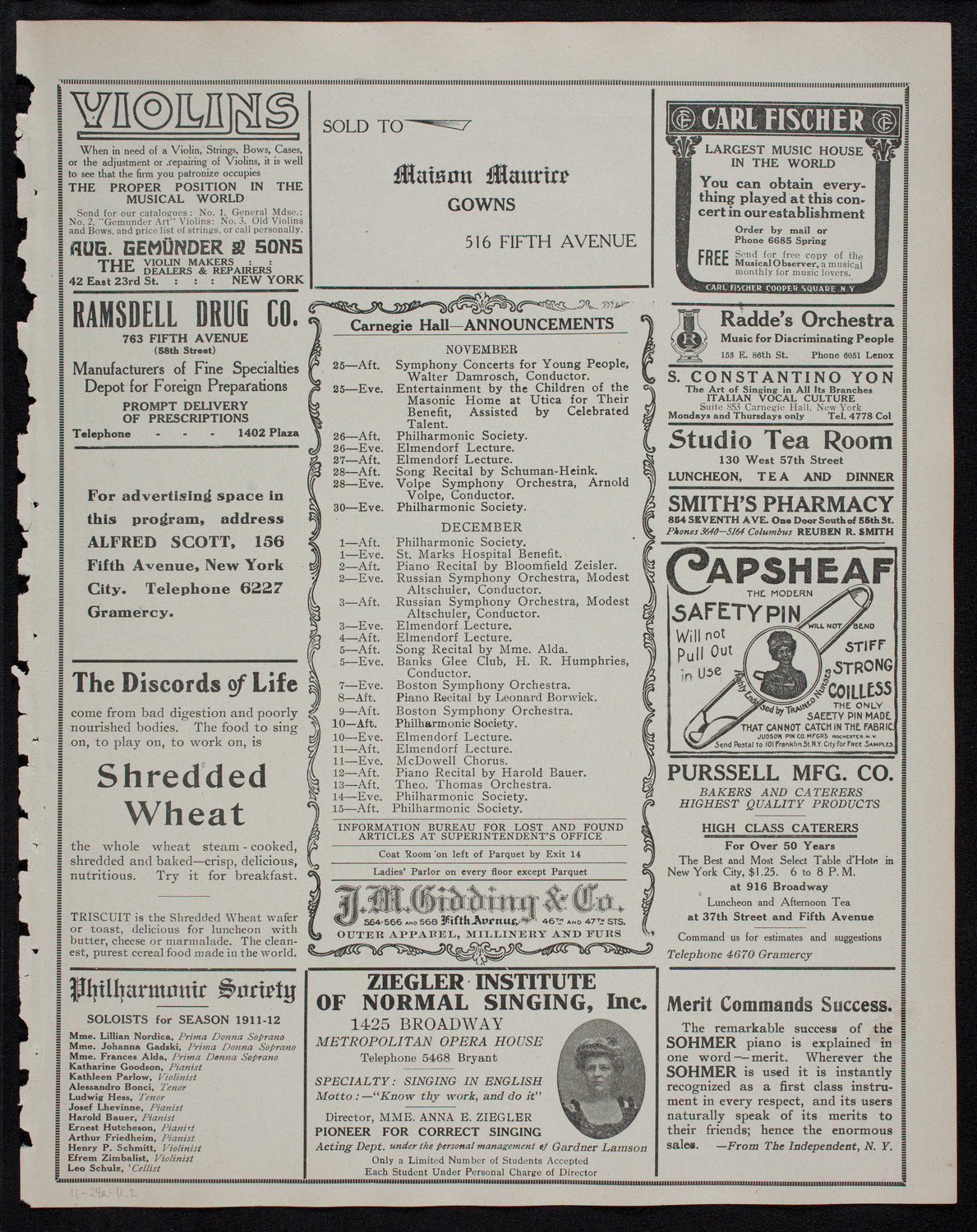 New York Philharmonic, November 24, 1911, program page 3