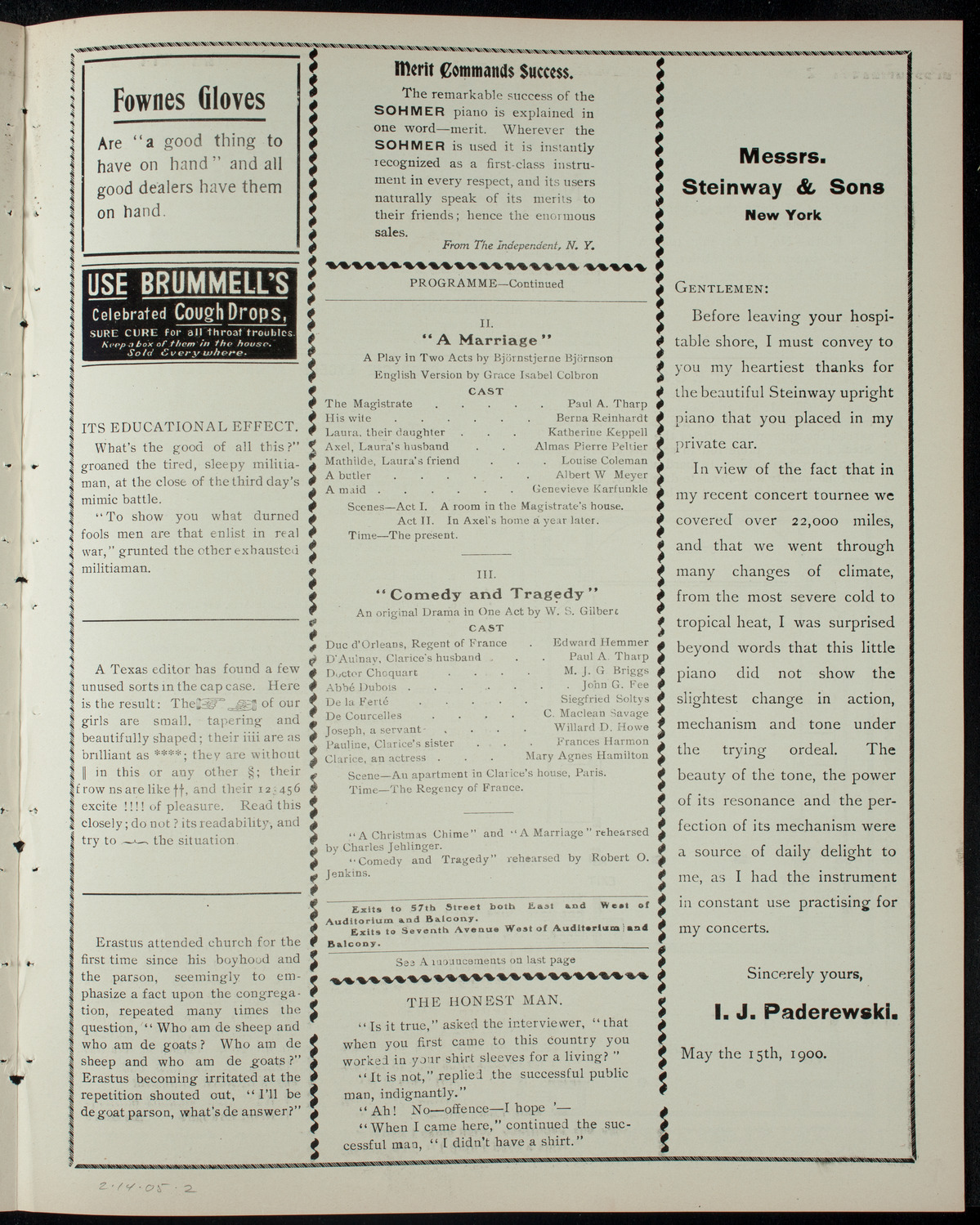 Academy Stock Company of the American Academy of the Dramatic Arts/Empire Theatre Dramatic School, February 14, 1905, program page 3