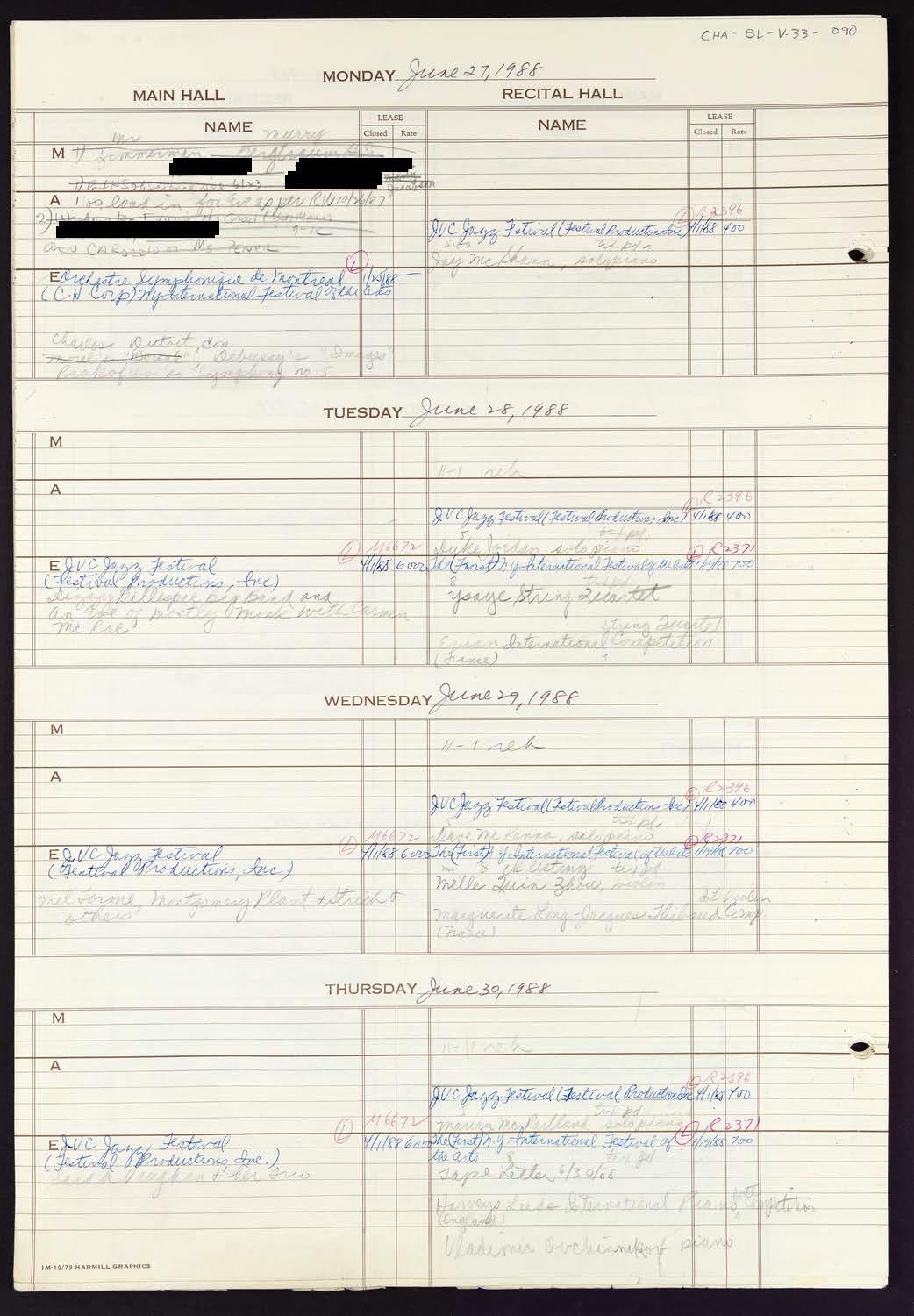 Carnegie Hall Booking Ledger, volume 33, page 90