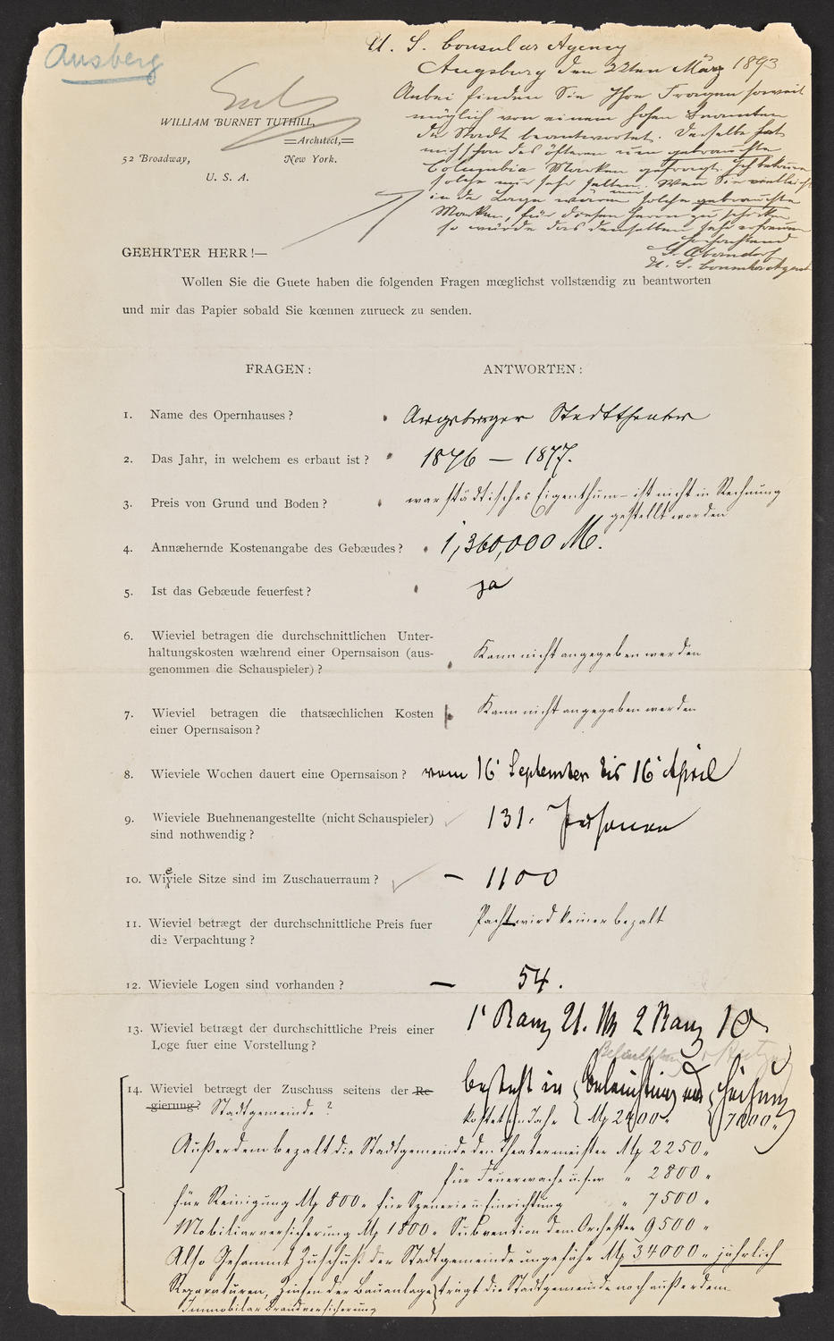 Questionnaire to Augsburger Stadttheater, May 22, 1893