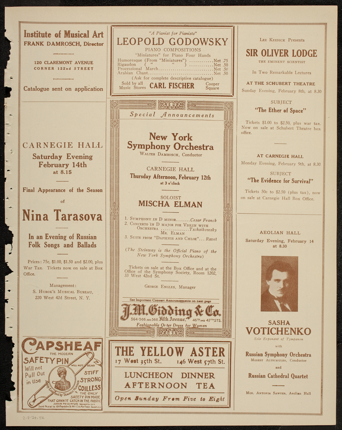 New York Philharmonic, February 7, 1920, program page 9