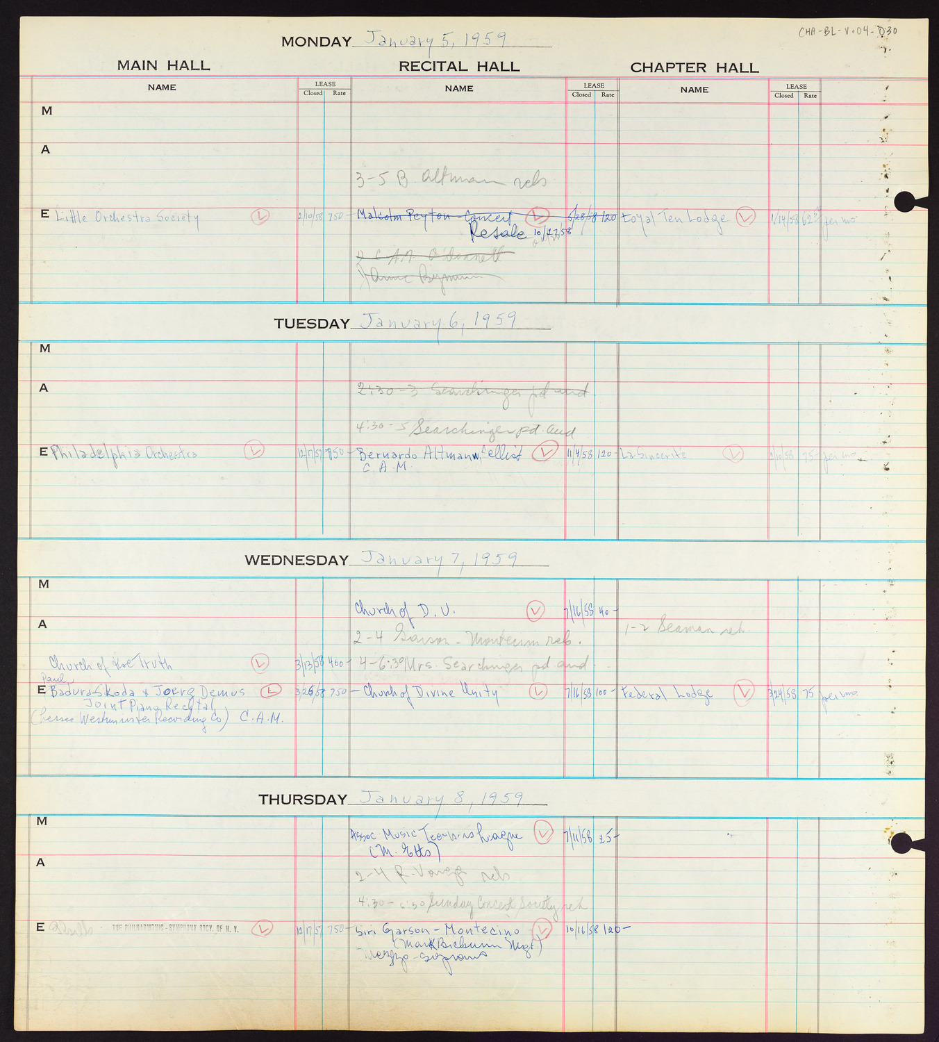 Carnegie Hall Booking Ledger, volume 4, page 30