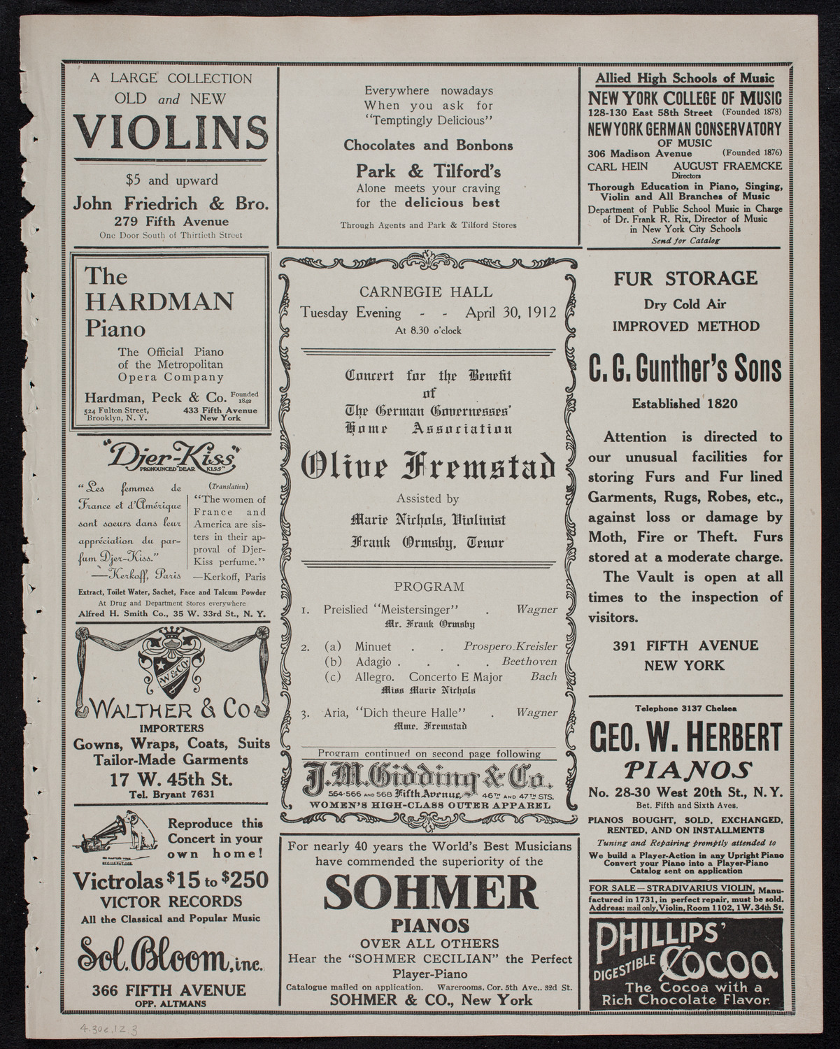 Olive Fremstad, Mezzo-Soprano, April 30, 1912, program page 5